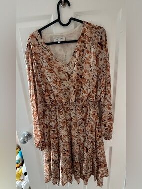 Hayden Beige Floral Long Sleeve Tiered Dress with Rust Accents